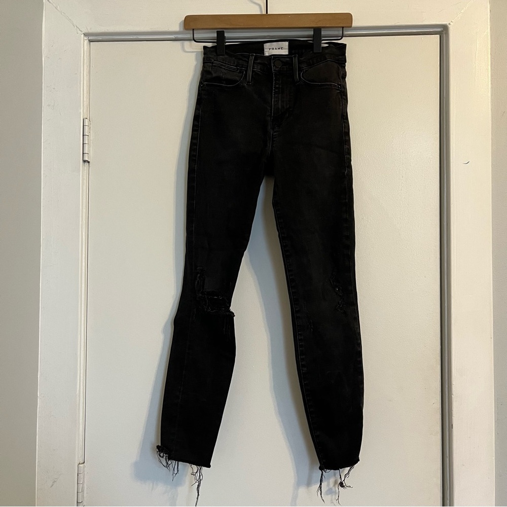 Frame Denim Black Distressed Skinny Jeans women size 24 Le high skinny crop fade